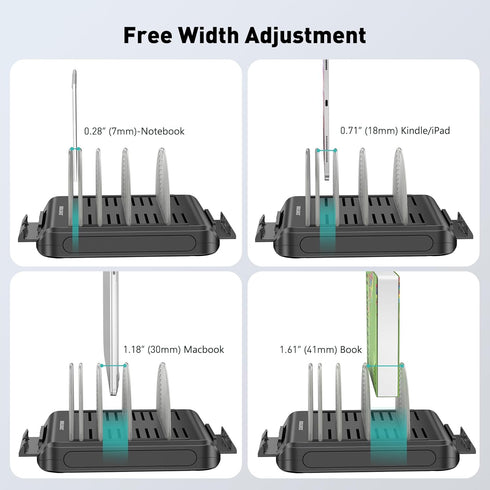 Vertical Laptop Stand for Desk, Adjustable Multi-Device Organizer with 6 Dividers, Removable Phone Stand, Black