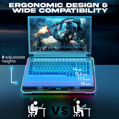 KLIM V15 Gaming Laptop Cooling Pad with 15 Fans, RGB Cooler, Adjustable Stand, Compatible up to 17 Inches