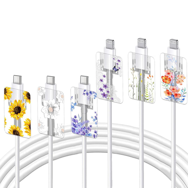 Lavender Camellia Floral Cable Protector Set for iPhone Charger - 6 pcs, Sunflower & Cherry Blossom Design, Charger