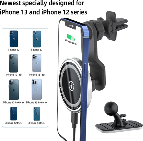 Magnetic Wireless Car Charger with Extended Arm, Phone Holder, Car Air Vent Mount, 15W Fast Charging