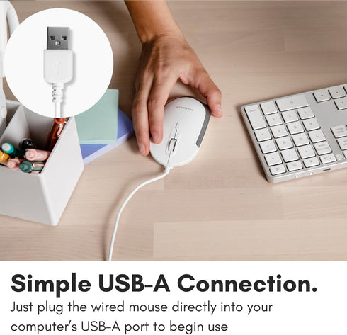 Macally Silent Wired Mouse, Slim & Compact USB Mouse for Apple Mac or Windows PC Laptop/Desktop (White)