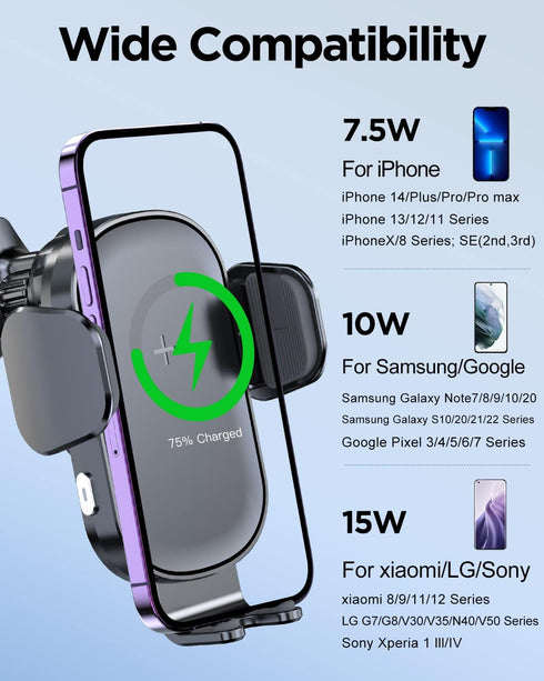 Lekente Wireless Car Charger, 15W Qi Fast Charging Phone Mount, Auto-Clamping Air Vent Holder for iPhone