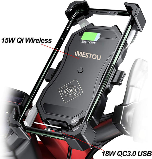 iMESTOU Motorcycle Phone Holder - Wireless Charger and USB 3.0 Quick Charge Mount, Fits 22-32mm Handlebar, Suitable for