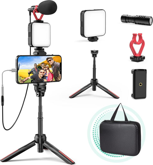 Smartphone Video Vlogging Kit with LED Light, Phone Holder, Microphone, Tripod, Carry Bag for iPhone/Android