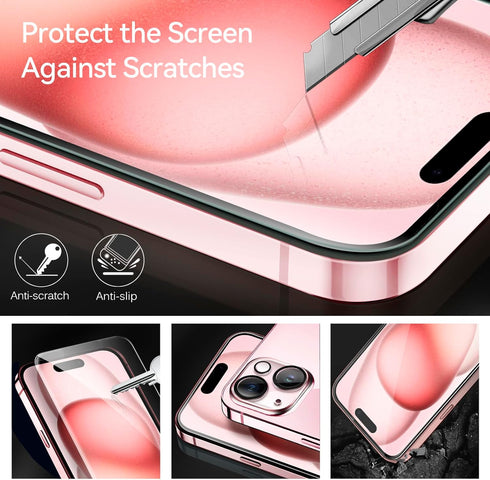 iVoler iPhone 15 6.1" Tempered Glass Screen Protector 3-Pack + Camera Lens Protectors with Alignment Frame, HD Clear