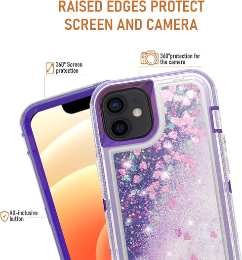 Asuwish iPhone 12 Mini Case 5.4" - Bling Liquid Glitter, Clear Hybrid Silicone, Military Grade Protection, Purple.