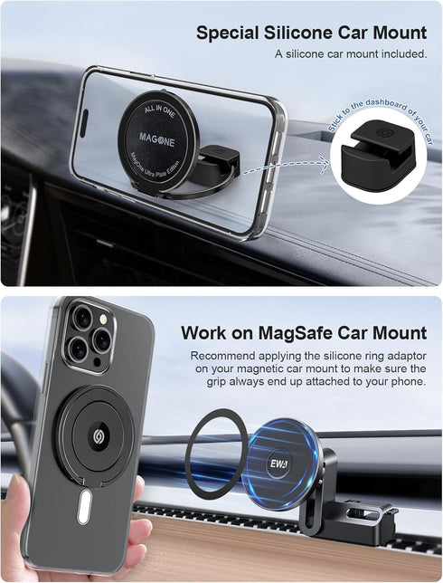 EWA MagOne Ultra Phone Grip Stand - Black, Leather Finger Strap, Removable Magnetic Ring Holder