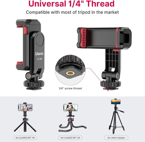 Phone Tripod Mount Holder for iPhone - ULANZI ST-06S Camera Hot 2 Cold Shoe Phone Mount Compatible for iPhone Android