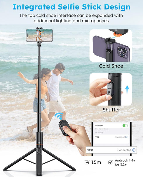 VRIG Direct 63" iPhone17 16 15 VRIG Phone Selfie Stick Tripod,Extendable Cell Phone Tripod Stand with Wireless Remote