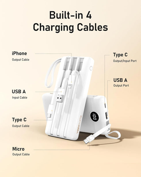 VEEKTOMX Portable Charger with Built-in Cables, 10000mAh Power Bank for iPhone, Slim Fast Charge USB C Battery Pack,
