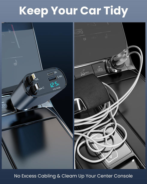 4 in 1 Retractable Car Charger, 60W Fast Phone Charger with Cord, Compatible with iPhone 15/14/13/12/11 Pro Max