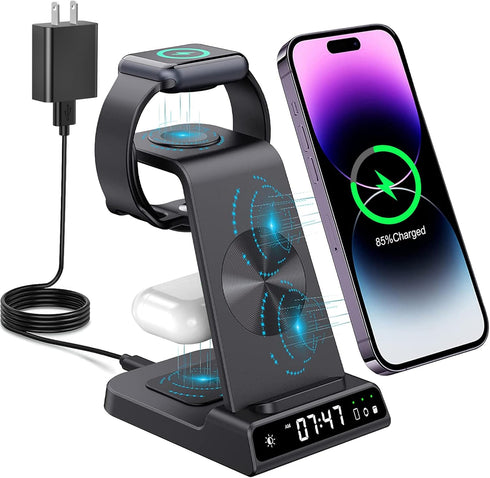 YiJYi 3 in 1 Wireless Charging Station with Digital Clock for iWatch SE/6/5/4/3/2/1, AirPods Pro, iPhone 15/14/13/12/11