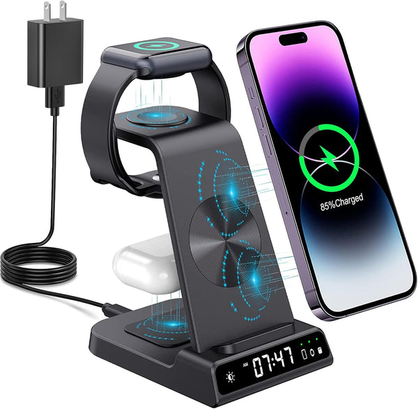 YiJYi 3 in 1 Wireless Charging Station with Digital Clock for iWatch SE/6/5/4/3/2/1, AirPods Pro, iPhone 15/14/13/12/11