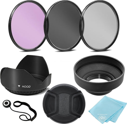 3 Piece Filter Kit (UV-CPL-FLD) + Lens Hood + Cap for Canon, Nikon, Sony, Olympus, Panasonic, Fuji, Sigma (49MM)