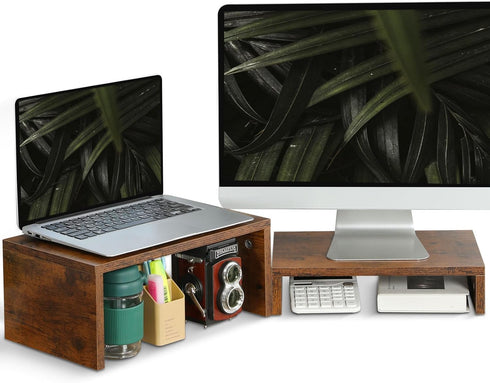 TEAMIX 2 Pack Monitor Stand Riser Rustic Brown,Wood 2 Tier Adjustable Monitor