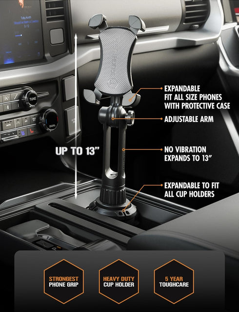 ToughTested 360 Boom Cup Holder Phone Holder for Car - Adjustable Cell Phone Mount, No Vibration Heavy Duty Bendable