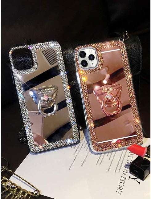 LUVI Bling Diamond Glitter Mirror Case for iPhone 12/iPhone 12 Pro 6.1 inch with Bear Ring Holder Kickstand, Rose Gold