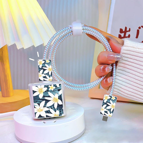 CameCosy for iPhone Charger Cable Protector, Pretty Lily Flower Design, Data Cable USB Case Cord Saver for iPhone