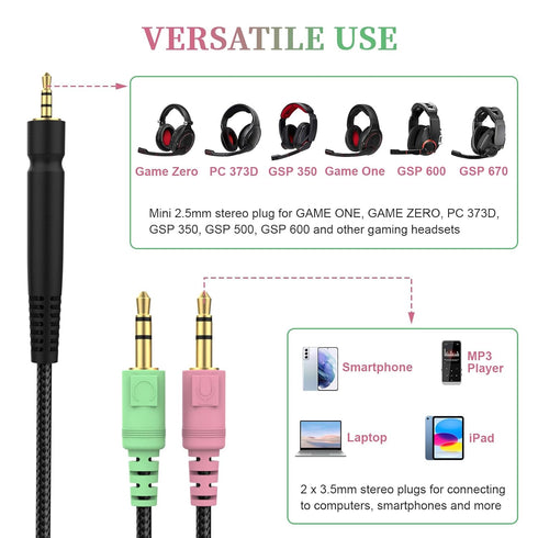 GSP 600 Replacement Cable for Sennheiser GAME ONE, GAME ZERO, GSP 670, GSP 600, GSP 500, GSP 350 Headset, 6.6ft