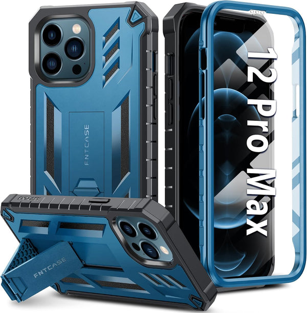 FNTCASE iPhone 12 Pro Max Case: Rugged Shockproof TPU, Military Grade Drop Protection, Kickstand, Matte Blue Cover.