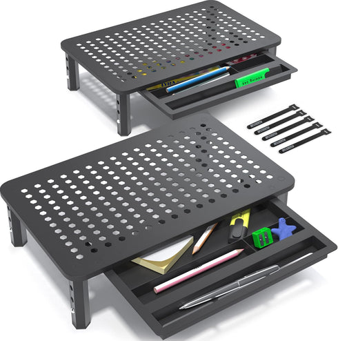 EVOOMI Back Saver Monitor Stand for Desk, 2 Pack Riser with Drawer, Anti Skid Mesh Metal for Laptop