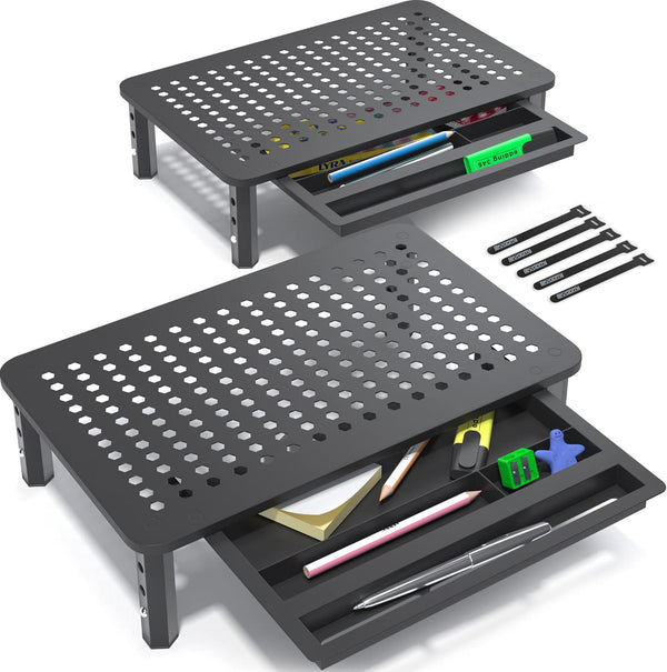 EVOOMI Back Saver Monitor Stand for Desk, 2 Pack Riser with Drawer, Anti Skid Mesh Metal for Laptop