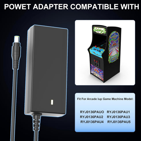 12V 3A Power Supply Arcade 1up - Fit for All Riser Cocktail Table Models, Power Cord