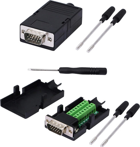 SinLoon VGA DB15 Solderless Connector 3+9 D-SUB 15 Pin VGA Breakout Board Adaptor with Case + Screwdriver (2-Pack Male)