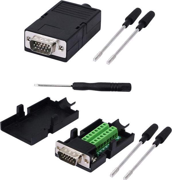SinLoon VGA DB15 Solderless Connector 3+9 D-SUB 15 Pin VGA Breakout Board Adaptor with Case + Screwdriver (2-Pack Male)