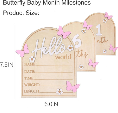 Board,3D Pink Butterfly Hello World Newborns Welcome Wooden Monthly Milestone Cards,Pink Butterfly Newborn Birth