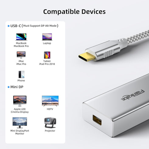 USB C to Mini DisplayPort Adapter 4K@60Hz, Type C to Mini DP for iPhone 15, M1/M2 MacBook, Galaxy S8-S23