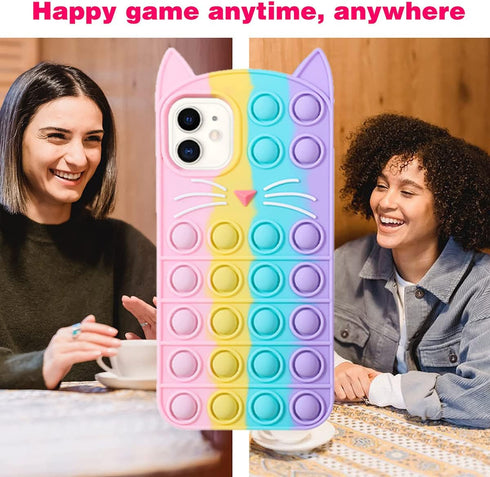 Fidget Pop Phone Case for iPhone 11, Stress Relief Push Pop Bubble Design, Soft Silicone Cover for Kids, Cat