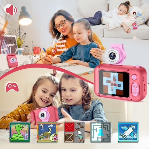 Kid Camera with 2.4in IPS Screen, 180° Flip Lens, Digital Selfie Camera with Playback Game for Ages 4-11