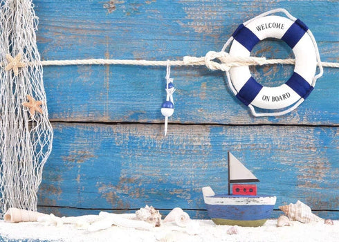 BELECO 8x6ft Fabric Nautical Backdrop Life Buoy and Toy Boat Shells on Blue