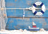 BELECO 8x6ft Fabric Nautical Backdrop Life Buoy and Toy Boat Shells on Blue