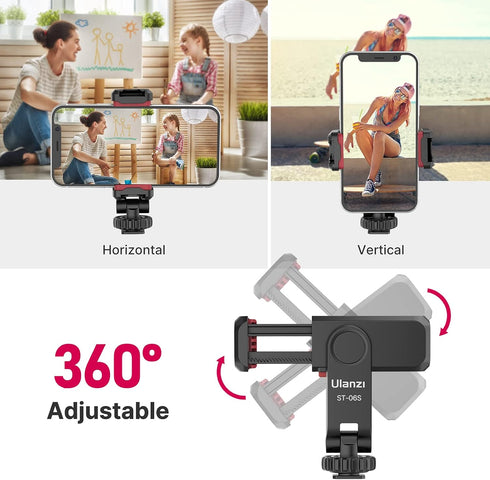 ULANZI ST-06S Phone Tripod Mount, Universal Smartphone Adapter with 2 Cold Shoe, 360° Rotating Clip Holder