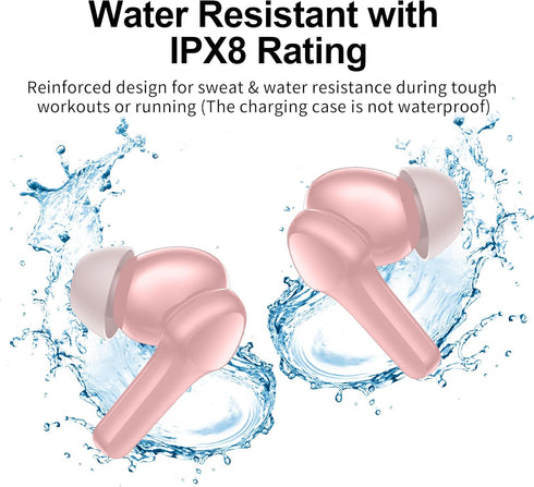 Pink Wireless Earbuds, Bluetooth 5.3 Headphones with Immersive Sound, Hi-Fi Stereo, IPX8 Waterproof, 4 Mics Noise