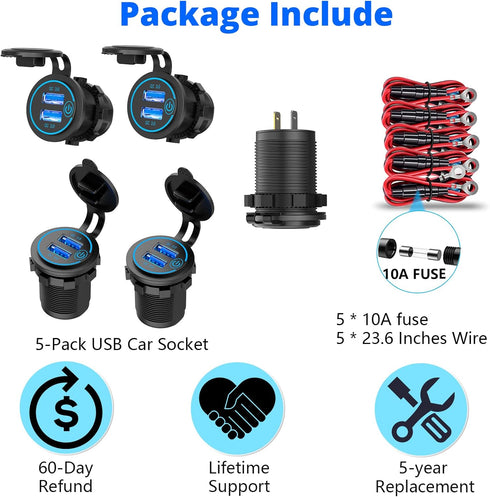 5 Pack Quick Charge 3.0 12V USB Outlet - Qidoe Waterproof QC3.0 Dual USB Power Outlet with Touch Switch for 12V-24V