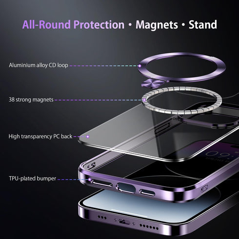 Magnetic iPhone 14 Pro Case with Invisible Stand, Compatible with MagSafe, Slim Clear Design with Electroplated Bumper,