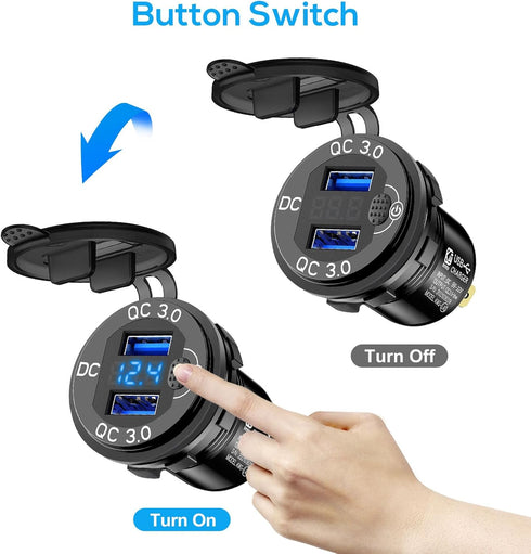 Linkstyle 2PCS 12V USB Outlet, 18W Quick Charge 3.0 Dual USB Power Outlet with ON/Off Switch & Blue LED Voltmeter for