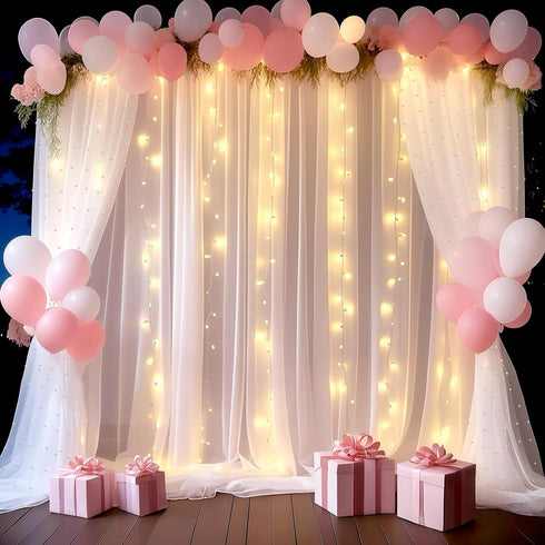 GUANSEN 10 8FT * White Pearl Tulle Double Layered Backdrop Curtain with Lights String and Lining Fabric for Wedding