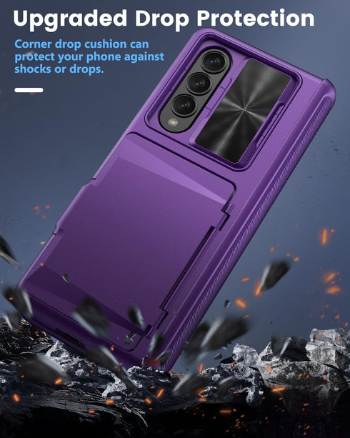 Viaotaily Dark Purple Case for Samsung Galaxy Z Fold 3 with Card Holder & Slide Camera Cover, Built-in Screen Protector