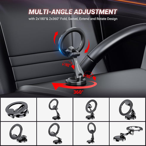 PROfezzion Magnetic Car Phone Mount, 2 x 180 Folding & Double 360 Rotating, for iPhone 15/14/13/12 Series, 2023