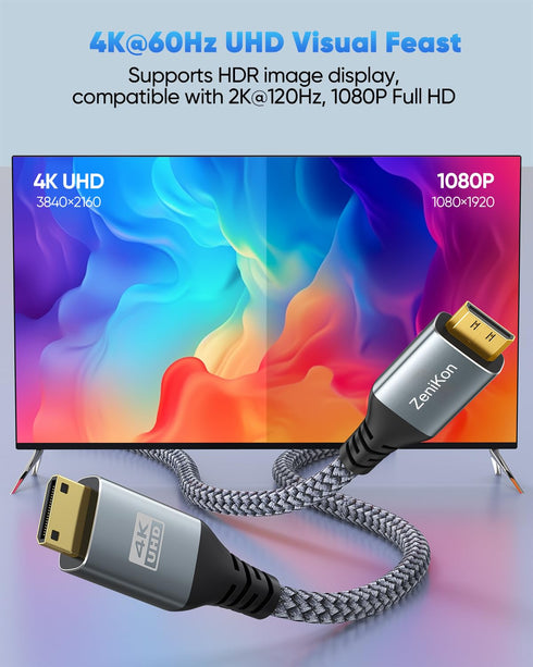 4K 6FT, 4K@60Hz, 2K@120Hz, 1080P, 3D W/2W/WH/2WH Mini HDMI to Mini HDMI Cable HDMI Mini Cable Support HDR, ARC