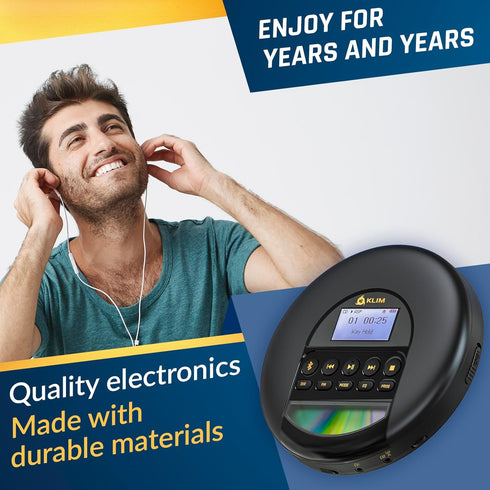 KLIM MP3 Nomad - New - Portable CD Player Walkman with Long-Lasting Battery - with Headphones - Radio FM - Compatible