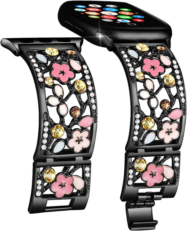 Floral Bracelet Compatible with Apple Watch Band 38mm 40mm 41mm 42mm iWatch Bands Series 10 9 8 7 6 SE, Bling Crystal