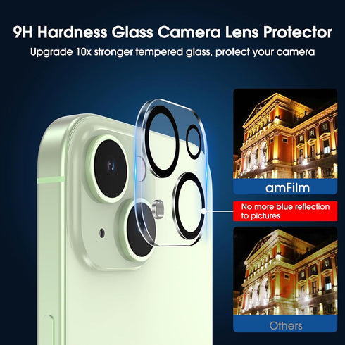 amFilm OneTouch 2+2 Pack for iPhone 15 Plus 6.7" Screen Protector, Tempered Glass with Camera Lens Protector