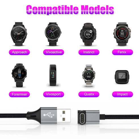 AGVEE 2 Pack 3.3ft Angled 90 Degree Braided Charger Cable for Garmin Watch, Fenix, Vivoactive, Instinct, Dark Gray