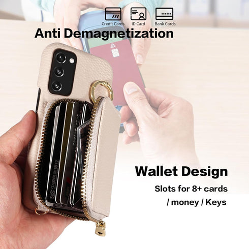 Furiet Wallet Case for Samsung Galaxy S20 FE 5G, Zipper Flip Organ Purse, Card Holder, White