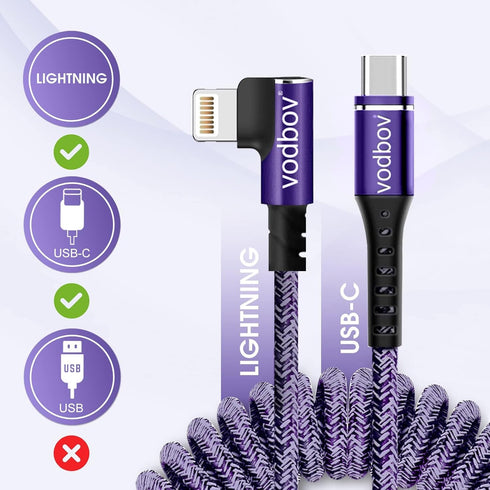 Lightning to USB C Cable 2ft to 8ft Right Angle Coiled iPhone Charger Fast Charging Cable Purple by VODBOV